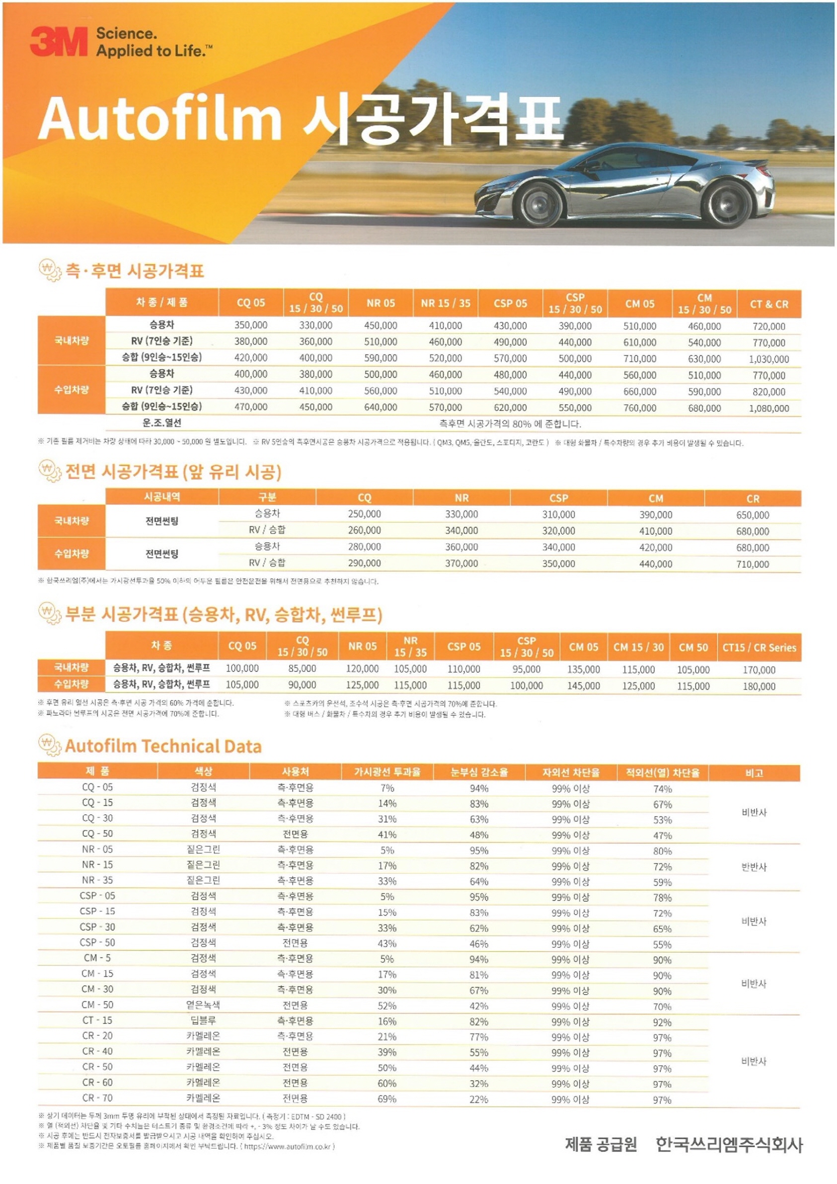 3M 세라믹 IR 시공가격표 
